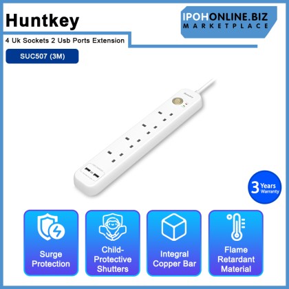 Huntkey SUC507 4 Uk Sockets 2 Usb Ports Extension (3M)